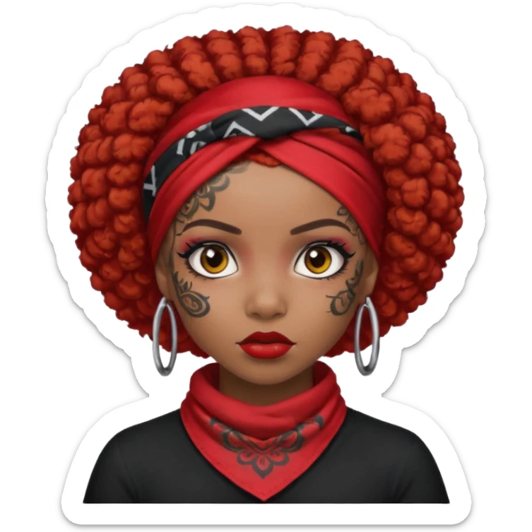 afro hair with red head bandana and lots of face tattoo black skin girl sticker