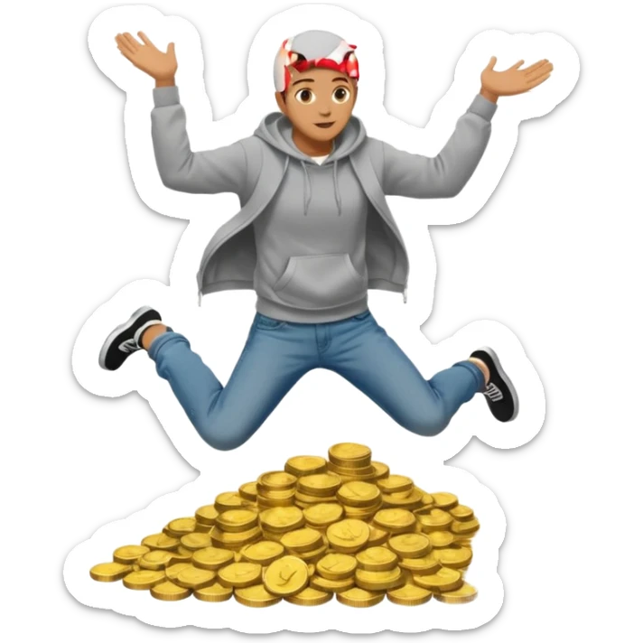 casually dress person in jeans and a hoody jumping into a pile of money sticker