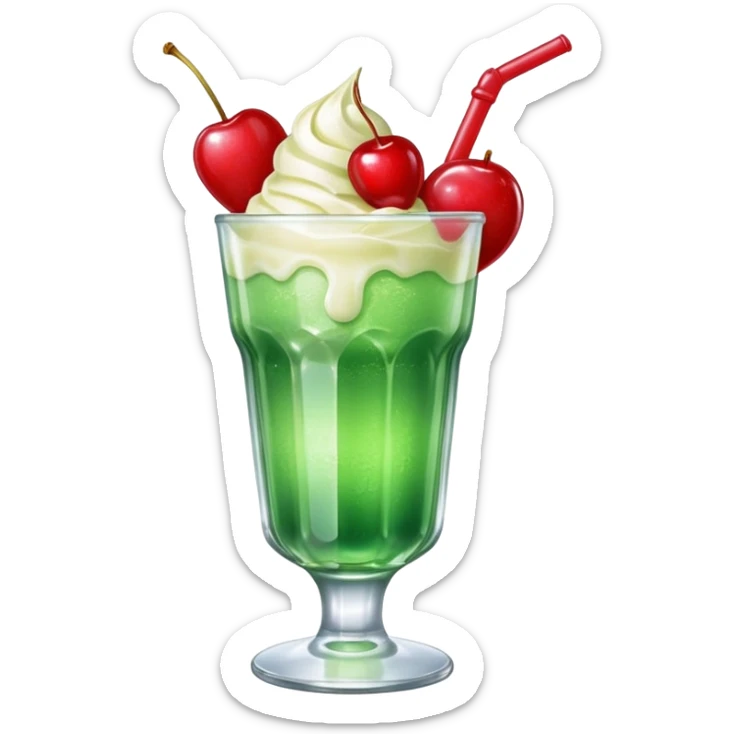 Create an emoji with a clear rounded glass, bright transparent green soda with fine bubbles, a smooth vanilla scoop circle shape, a glossy red cherry, using vibrant colors, soft shading, and clear glass highlights.
 sticker