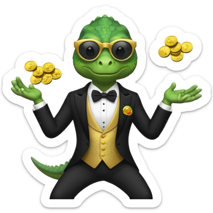 capitalist iguana banker in tuxedo and black sunglasses jongling with coins sticker