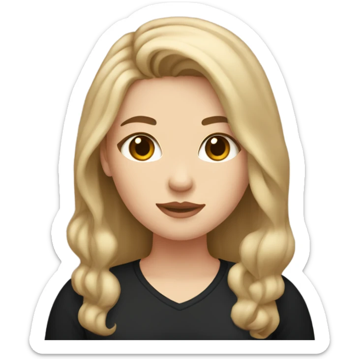 Chubby white girl with long brown hair and brown eyes wearing a black shirt sticker