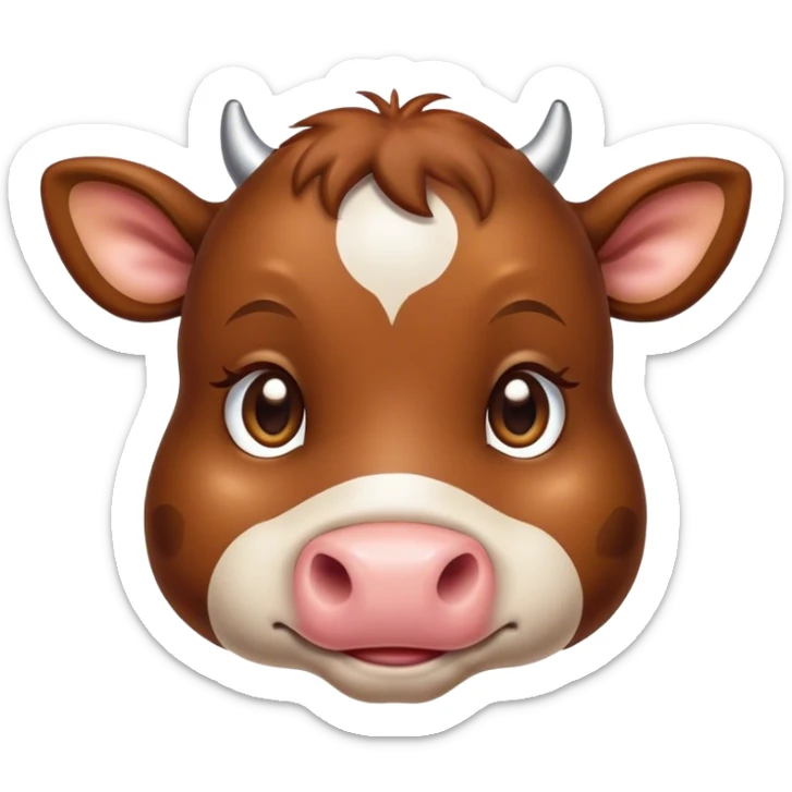 Cinematic Cute Brown Cow Portrait Emoji, Head tilted playfully and inquisitively, featuring a glossy, rich brown hide with a natural sheen, round, sparkling brown eyes filled with gentle curiosity, Simplified yet irresistibly adorable features, highly detailed, glowing with a warm, friendly glow, high shine, affectionate and serene, stylized with a touch of country charm, bright and endearing, soft glowing outline, capturing the essence of a mischievous yet loving cow, so playful it feels like it could moo out of the screen and into your arms! sticker