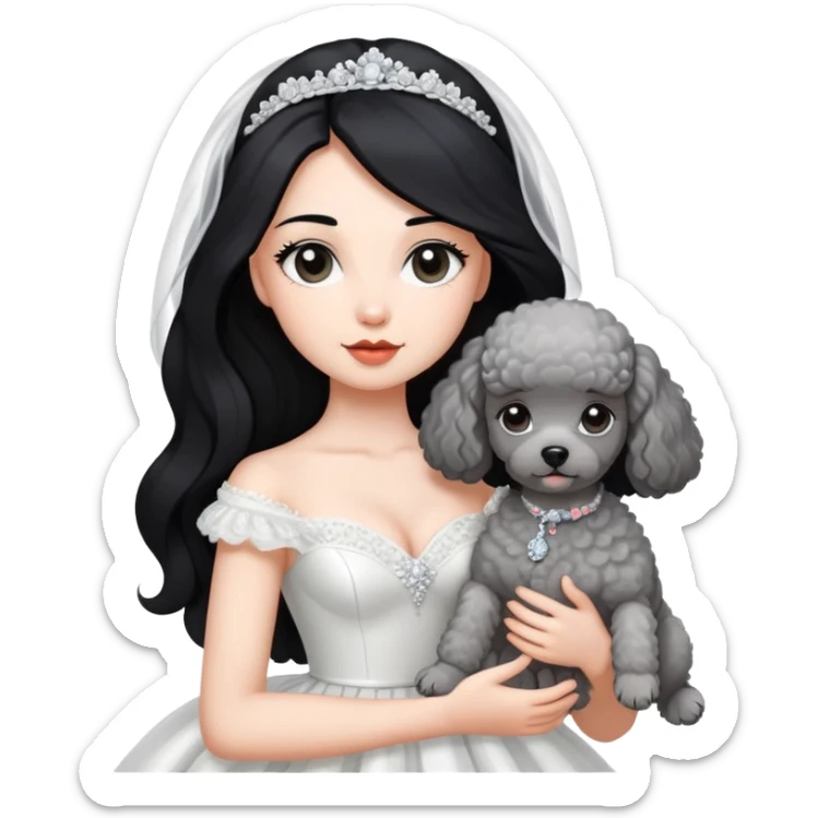 A beautiful girl with long black hair in a wedding dress holds a small gray poodle sticker