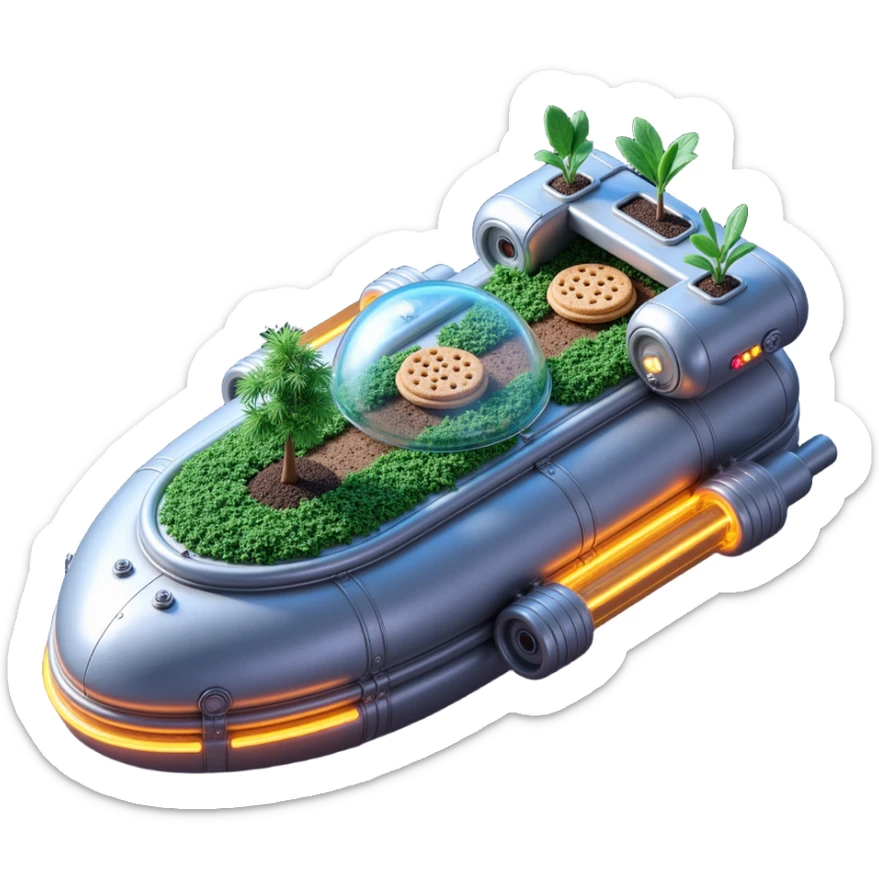Exterior view of a futuristic spaceship farm floating in space, metallic hull with glowing pipes, transparent domes growing cookie plants, stars and planets in the background, emoji-style sticker
