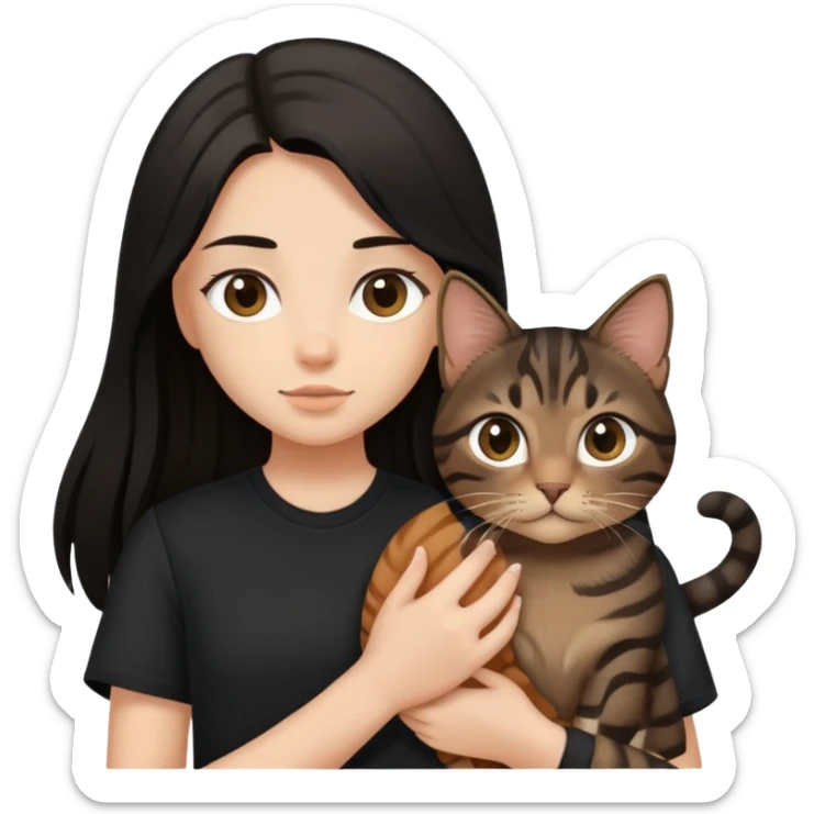 a  girl with black long hair with a brown tabby with black shirt sticker
