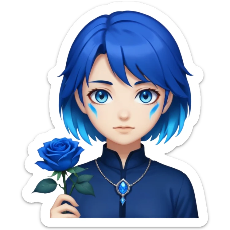 anime girl emoji with dark blue hair, blue rose, intense blue glowing eyes, Solo Leveling style, blue magical aura, high contrast, 2D sticker