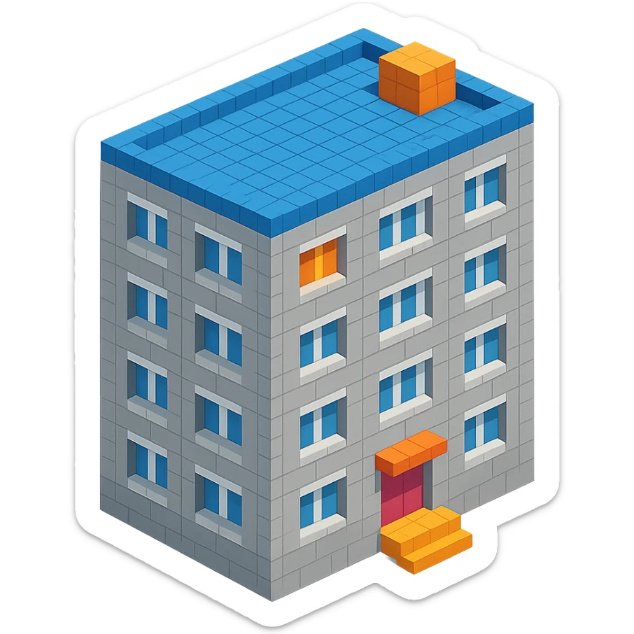 voxel style Russian panel apartment building, typical Soviet architecture, gray concrete, isometric view sticker