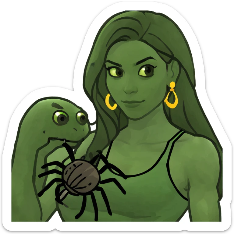 Attractive and muscular Mexican woman in her 20s with long dark brown hair with blonde highlights, with a tarantula sticker