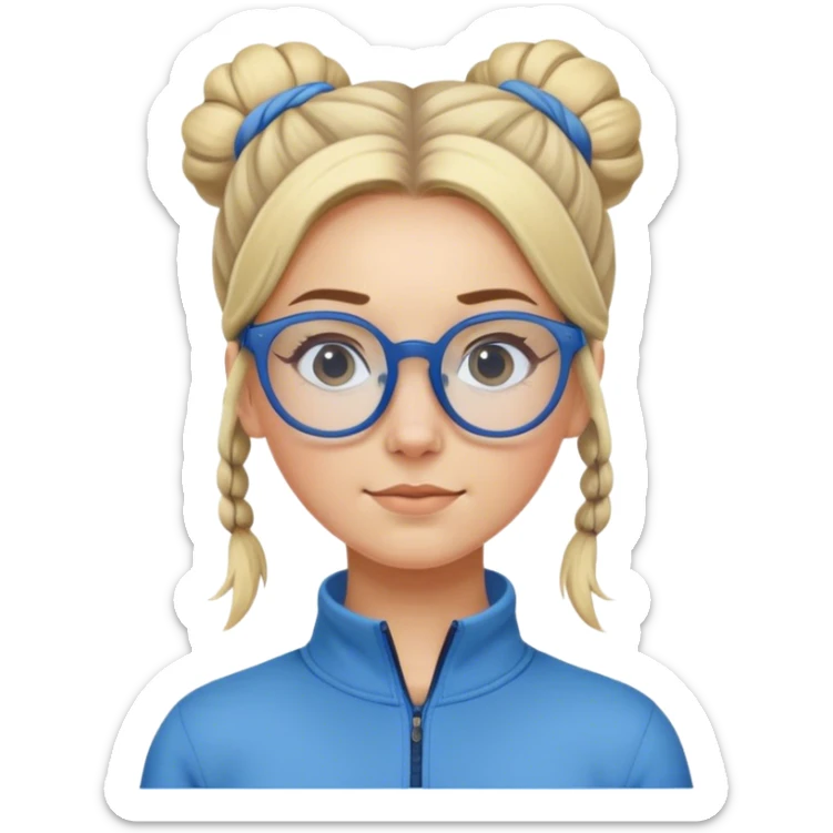 Blonde girl with big blue glasses hair tied in bun wearing gray half zip sticker