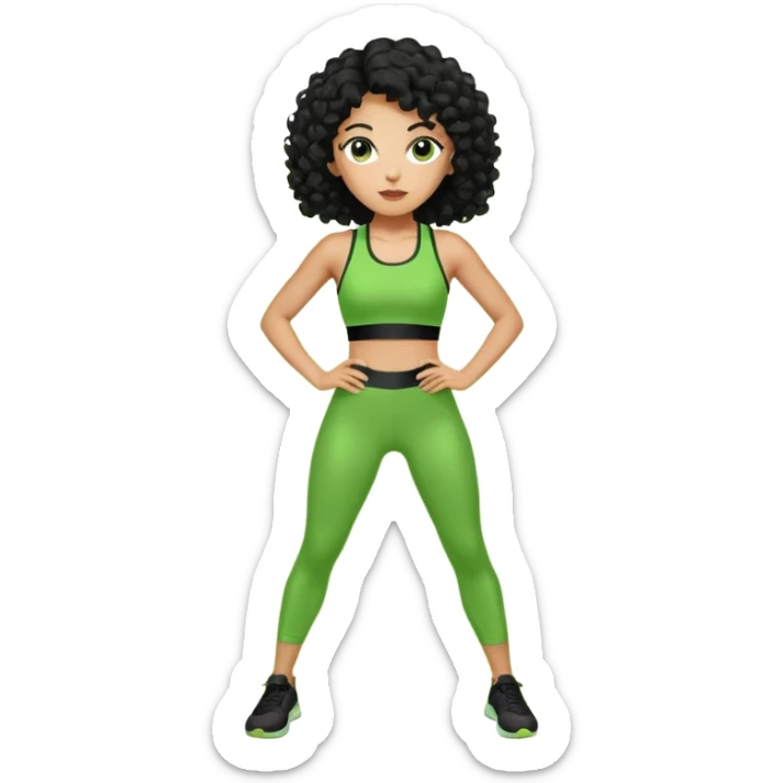 woman with olive skin and curly black hair wearing a green workout outfit and standing in a disco pose sticker