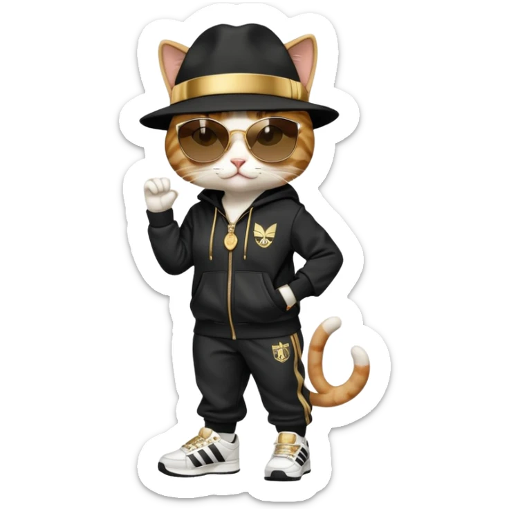 female cat dressed like Run DMC, tracksuit, fedora, gold chains, Adidas shoes, dark sunglasses, upright pose sticker