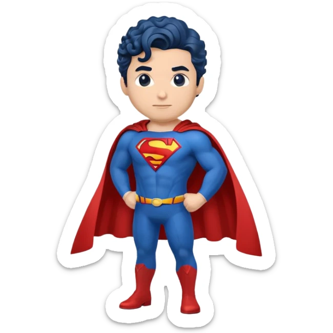 Highly detailed, hyper-realistic emoji of Superman. He wears his classic blue suit with a red cape and ‘S’ emblem on his chest. His expression is confident, and his hair features the signature curl. Minimalist background for focus. sticker