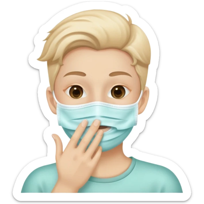person with a mask, hand near mouth, showing good hygiene, cheerful sticker