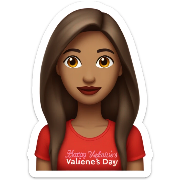 light brown lady, dark brown long straight hair, red lips, eyelashes, wearing red “happy Valentine’s Day” t shirt sticker