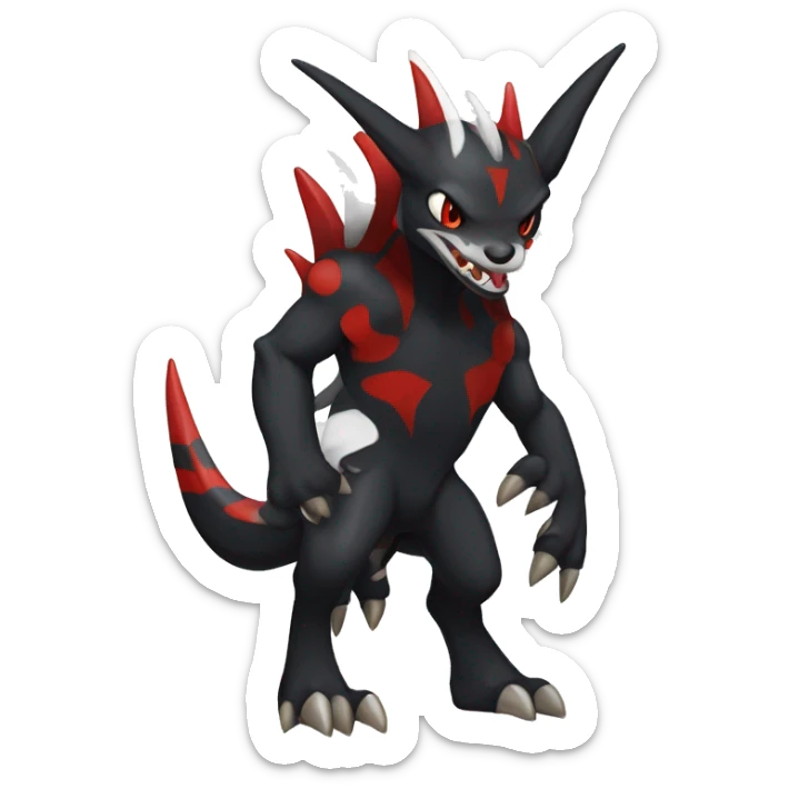 Black Cool Edgy Nargacuga-Houndoom-Garchomp Fakémon with Red and white Edgy markings, full body sticker