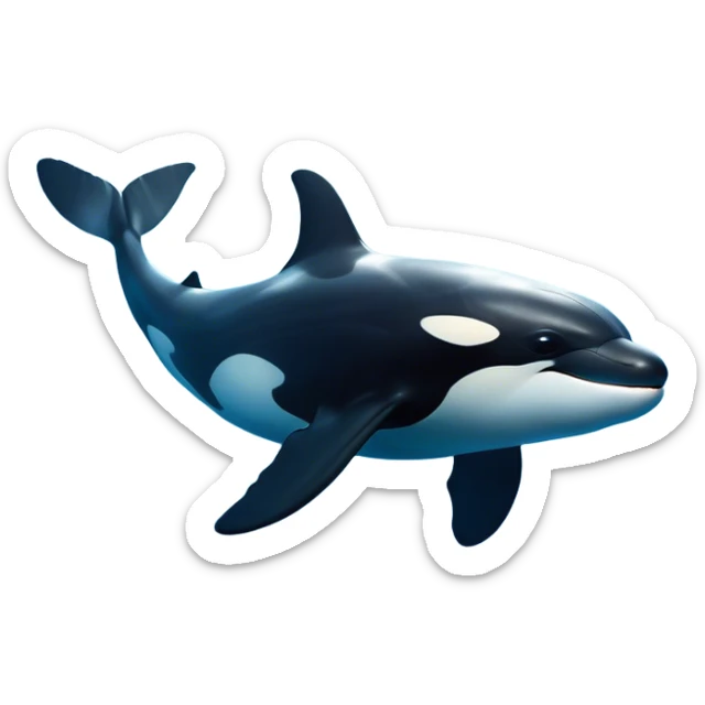 Cinematic Noble orca Portrait Emoji, Poised and majestic, with a sleek, streamlined black-and-white body, piercing intelligent eyes, and a powerful, commanding presence, Simplified yet sharp and sophisticated features, highly detailed, glowing with a soft oceanic radiance, high shine, intelligent and formidable, stylized with an air of deep-sea dominance, focused and alert, soft glowing outline, capturing the essence of an apex predator that appears ready to surge out of the waves with effortless authority! sticker