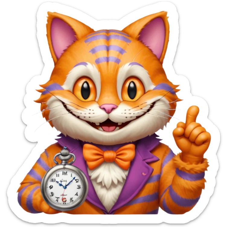 Cheesier cat from Alice in wonderland pointing at a pocket watch wearing a hat sticker