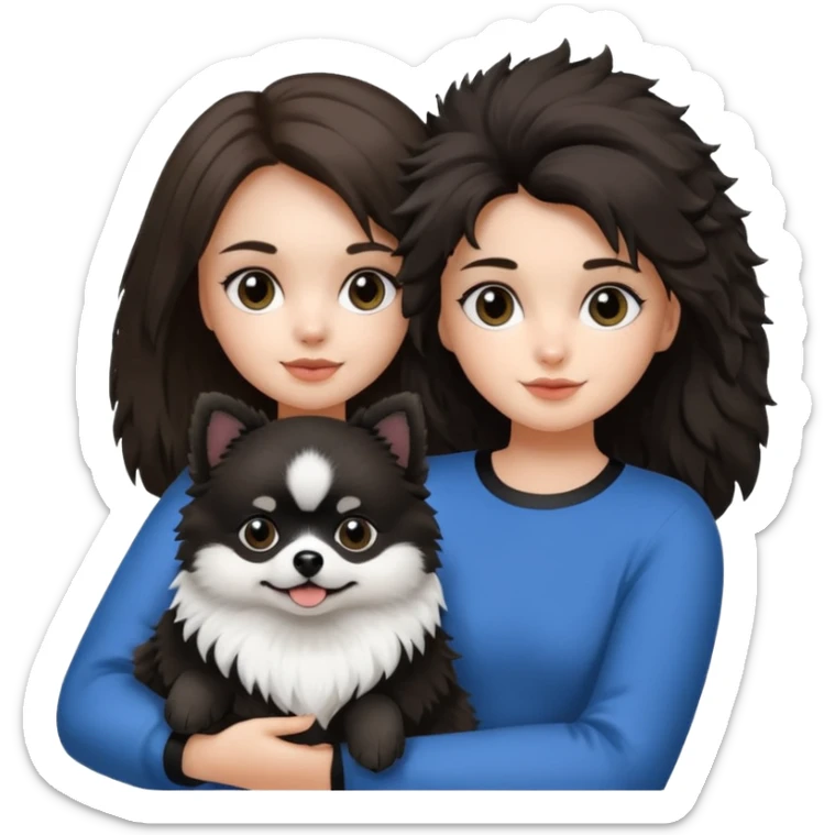 A brunette hair girl holding a black and white 1 Pomeranian dog who has black face but in the middle it’s white line sticker