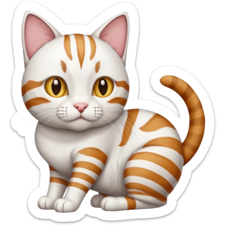 a white cat with brown tabby patches on the top of his head (ears) a patch on its side/arm and a striped tail the rest of the body is bright white sticker
