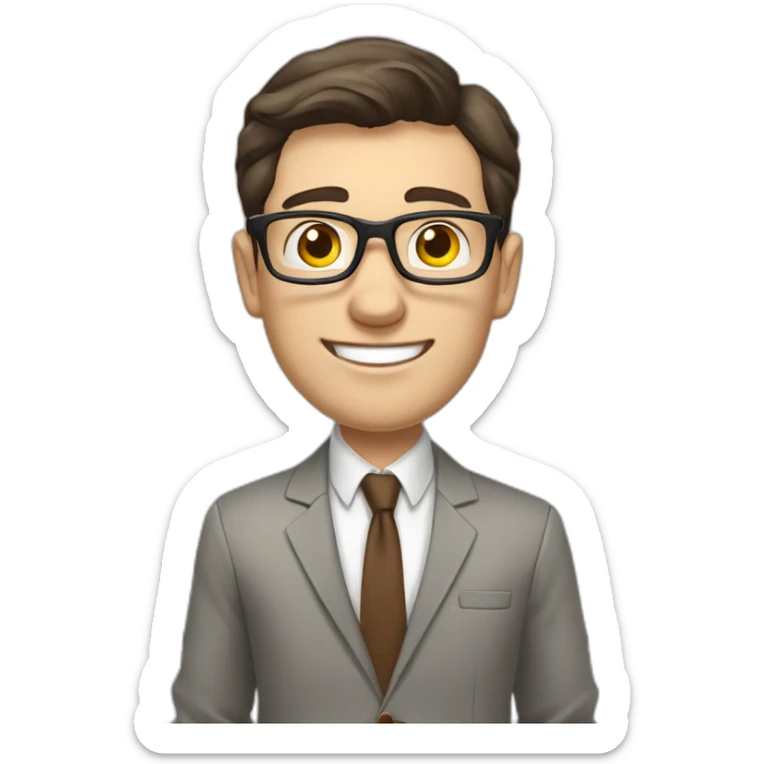 Pale skinned fit man with dark brown hair in gray jacket, beige office shirt, brown tie, brown pants and vintage glasses Writing text on the flipchart sticker