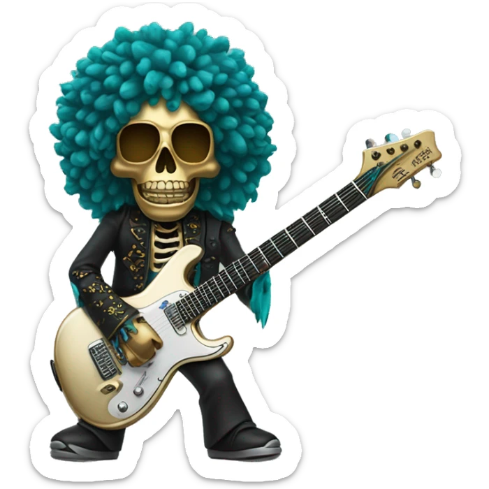 Soolking brook ;black affro cut ;turquoise electric guitar;golden crown ;skeletal face sticker