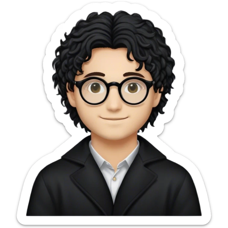 Genera un ragazzo riccio ricco castano e un po’ lunghi che colpirono la fronte, con gli occhiali leggermente tondi di colore nero, con il colore della pelle chiaro. Con un bel sorriso. E gli occhi e le sopracciglia canstani  sticker