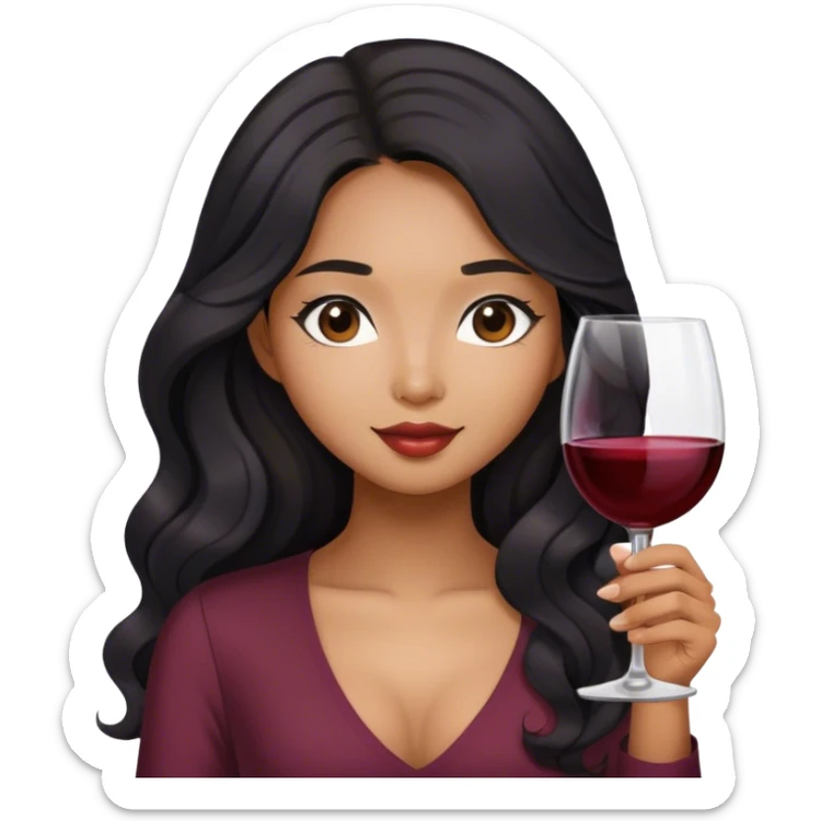brown asian girl with black long wavy hair holding glass of wine sticker