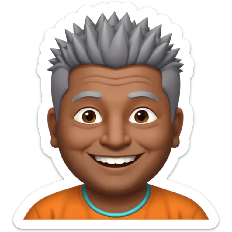 50 yr old indian man, dark skin, grey hair, big smile, white teeth, chubby, no moustache, clean shaven, spiky hair, bindy sticker