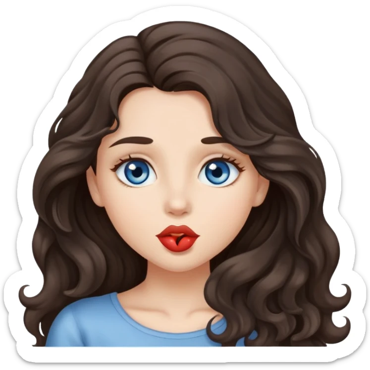 A girl with long, dark brown, wavy hair, grey-blue eyes, Sends a kiss sticker