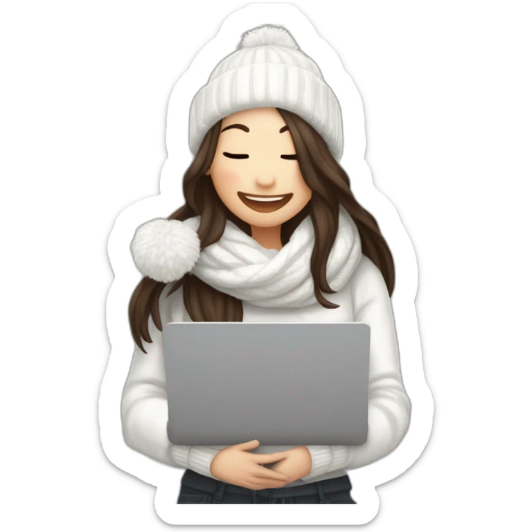 eyes closed laughing female with pale skin and dark brown straight long hair wearing white scarf and white woolly hat and black hoodie and holding a laptop and coffee mug not full body shot sticker