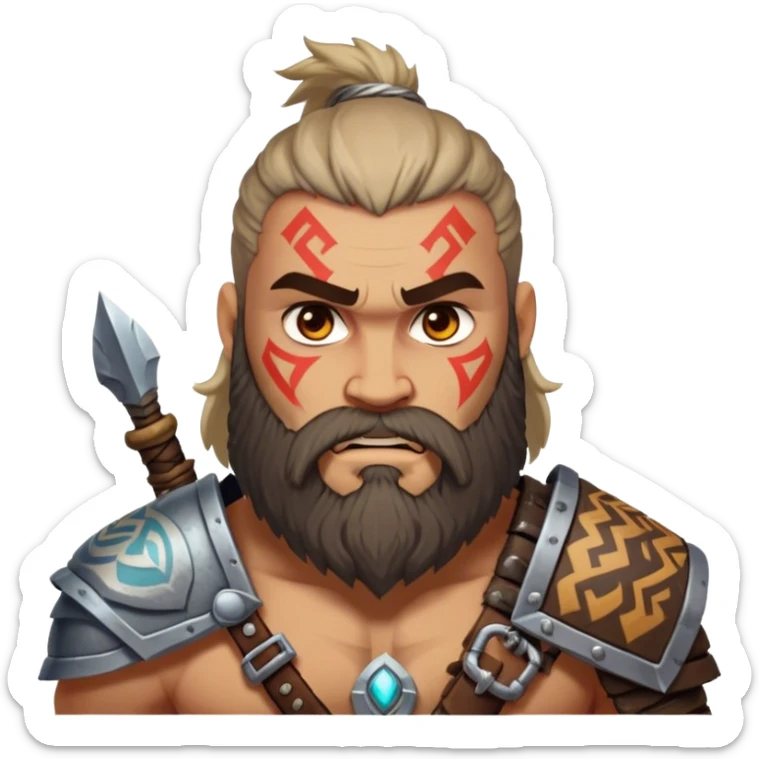 Clash of Clans aesthetic: Cinematic Rugged Barbarian Portrait Emoji, Intense and formidable with a heavily muscled physique, a rugged beard, piercing eyes and battle-worn armor adorned with tribal markings, his complexion a light tan that speaks of hard-fought battles, Simplified yet powerfully detailed features, highly detailed, glowing with a deep, primal energy, high shine, gritty and uncompromising, stylized with an air of raw, untamed power, focused and determined, soft glowing outline, capturing the essence of a barbarian warrior carved by countless battles and poised to lead his clan into epic conflict! sticker