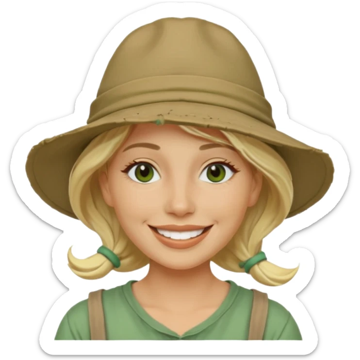 messy green full face clay mask and tourist hat blond woman  smiling and clay mask on full face sticker