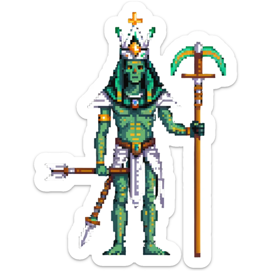 Egyptian god Osiris with green skin, mummified body, white Atef crown with feathers, holding crook and flail sticker