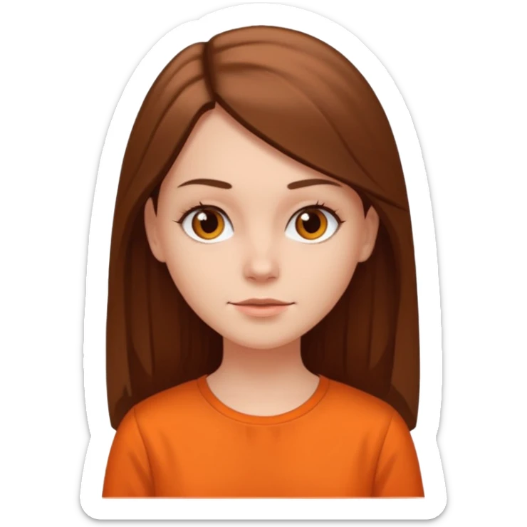 white girl with long straight hair and orange blouse not smiling sticker