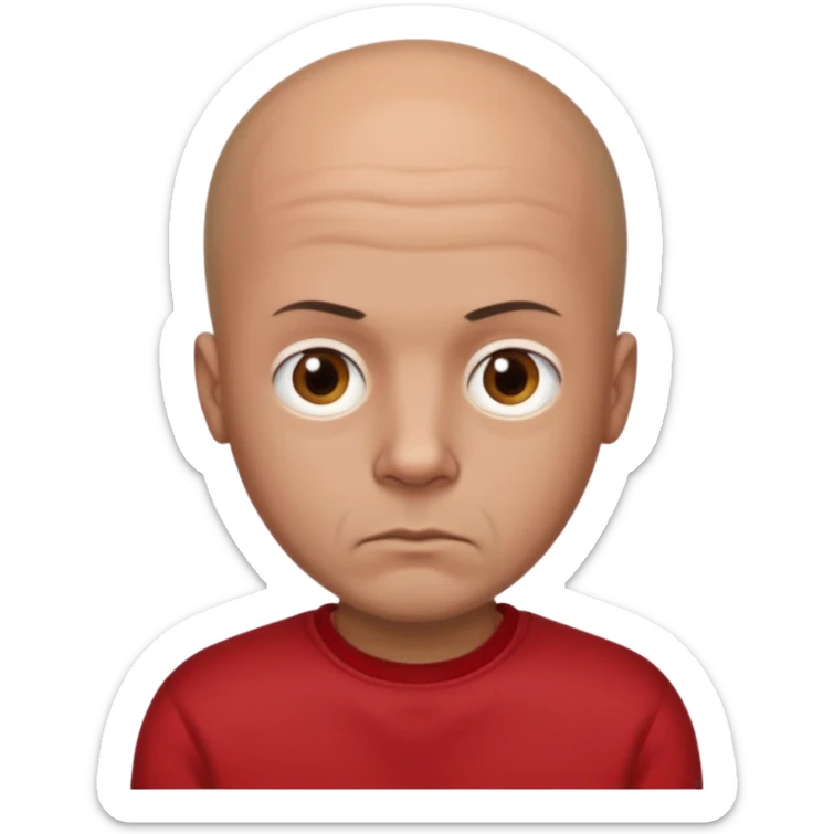 almost bald man, with hair on his head wearing a black sweatshirt and a red t-shirt under the sweatshirt and with brown eyes and a serious look  sticker