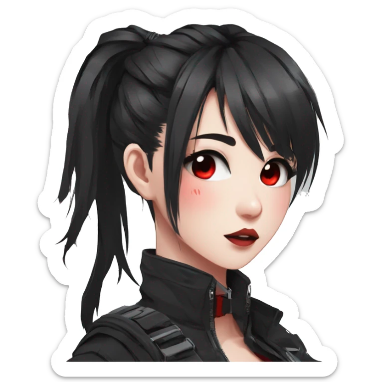 Gorgeous techwear anime style lady with blushing face aesthetic and pretty edgy black red punk messy ponytail with collar and harness trending style sticker