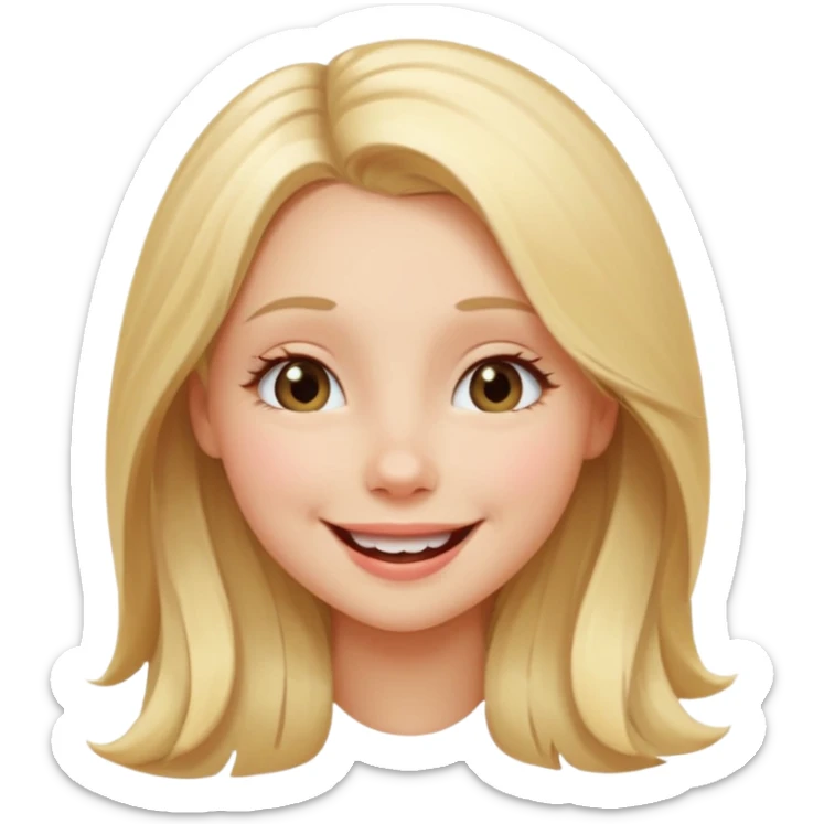 A smiling girl with long blonde hair, winking playfully. The style should match modern emoji aesthetics — clean, rounded features, subtle blush on cheeks, and bright, expressive eyes. The girl should face forward, with one eye closed in a wink and a friendly expression. sticker