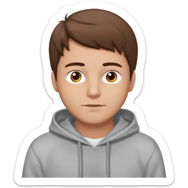 Uomo adulto barbuto capello moro occhi marroni metà busto e vestito con una felpa grigia e maglietta bianca sticker