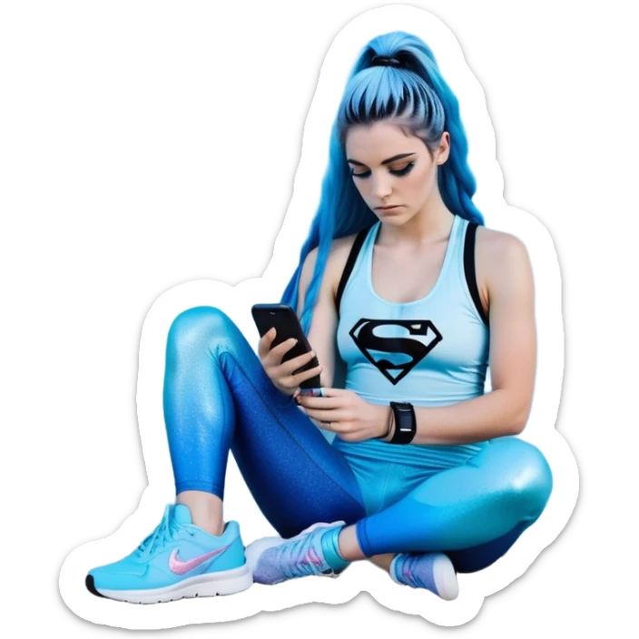 Shameful and disappointed-Female-very very very large chest-texting on a samsung cell phone-very long straight braided black to sky blue hair ombre-blue eyes-black eyeliner-long eyelashes-iridescent sky blue low cut tank top with glitter superman logo-matching leggings-nike hightop sneakers sticker