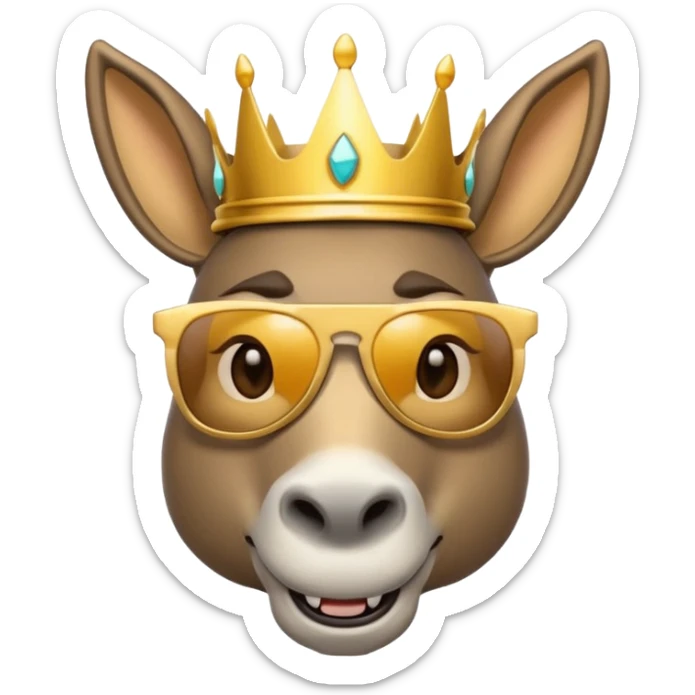 playful donkey wearing a crown and sunglasses, looking spoiled and sassy, emoji style sticker