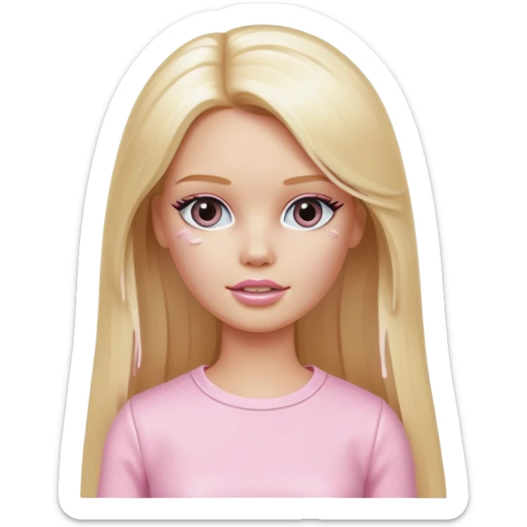 A white Barbie girl with long blonde straight hair in pale pink clothes smears cream on her face sticker