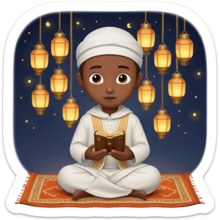 Personnage 3D mignon en style Pixar, un petit garçon portant un qamis blanc et un kufi, tenant un tapis de prière, entouré de lanternes brillantes, fond doux, couleurs chaudes, garçon teint noir TENANT UN APPAREIL PHOTO sticker
