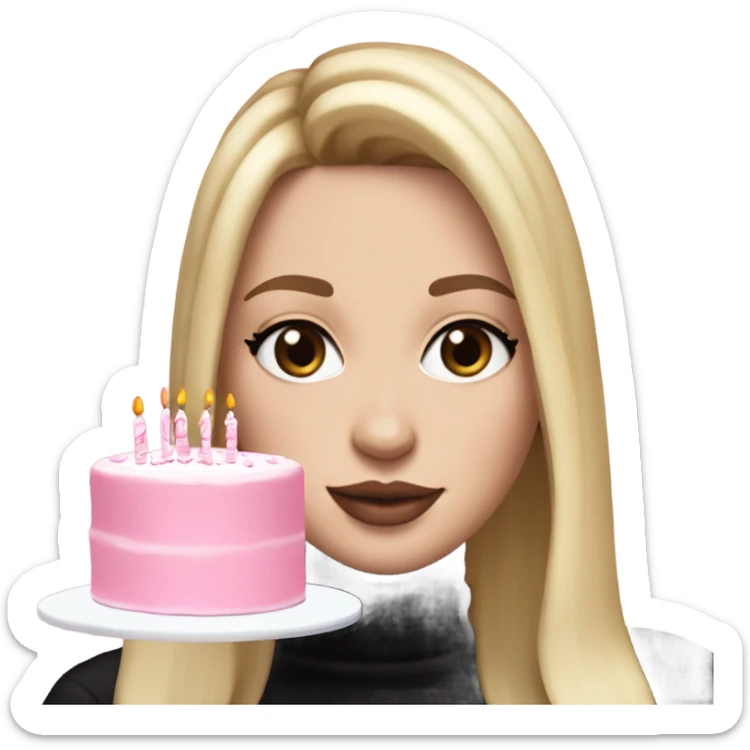 White girl with blonde straight hair, pink lips, dark eyes, black turtleneck, white and pink birthday cake in hands sticker