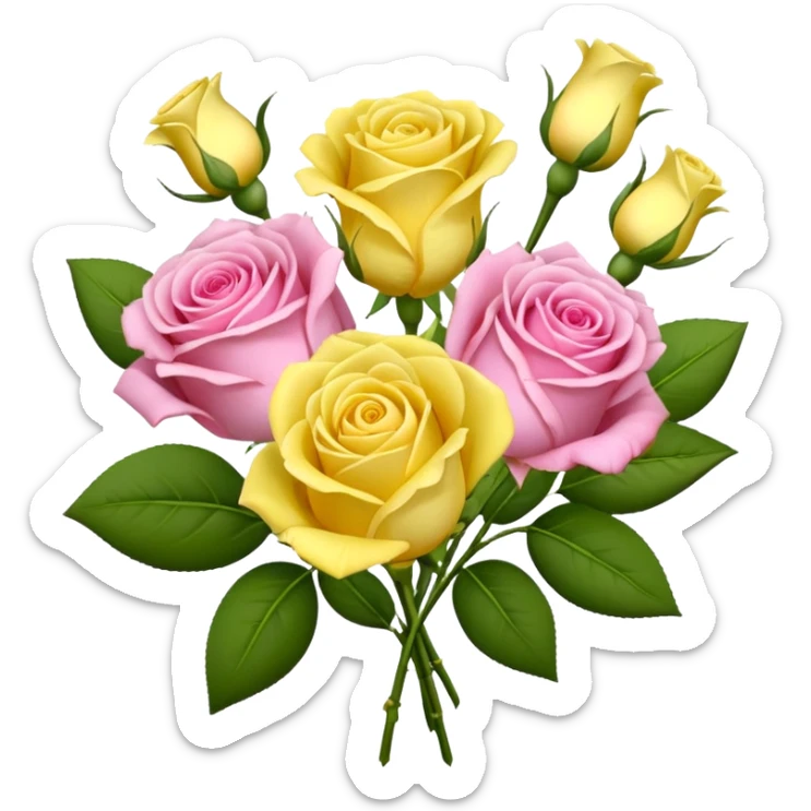 A mixed bouquet of four flowers, featuring pink roses and yellow lisianthus. sticker