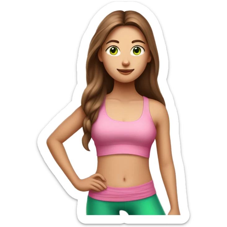 A girl with brown long hair, fair skin and green eyes stands tall in a yoga pose in a pink tank top and pink leggings sticker