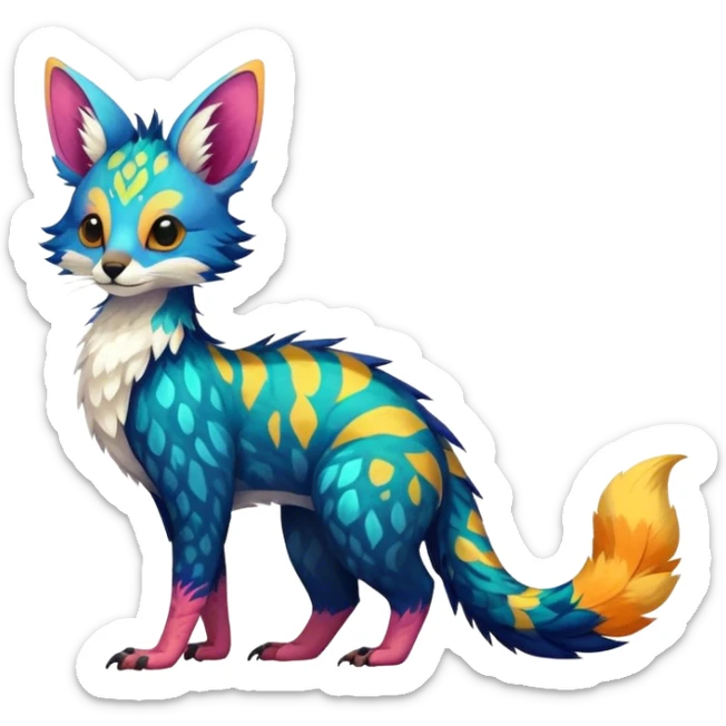 Feral Rare Fantasy vibrant colorful tropical Vernid-Trico-species by LiLaiRa, random markings, tufted tail, tufted ears, full body sticker