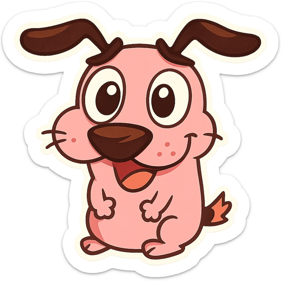 Courage the Cowardly Dog as a cute emoji, pink dog with big eyes, expressive face, cartoon style sticker