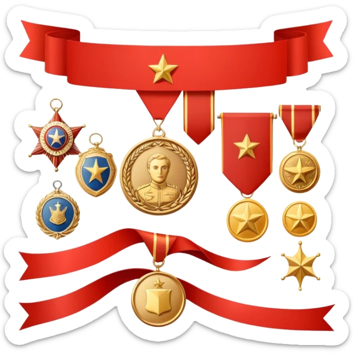 Icon for Collecting Orders, Medals & Badges: a variety of vintage orders, medals and badges, displayed neatly on a big red pennant or in a display case. The icon should reflect the honor and historical significance of these collectible items. Transparent background. sticker