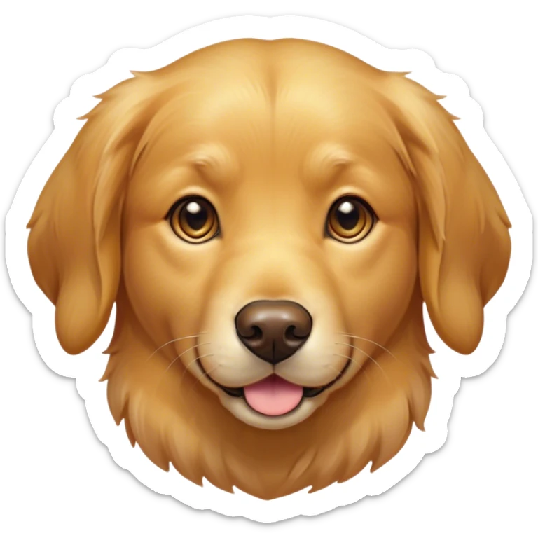 Cinematic Cute Golden Retriever Portrait Emoji, Head tilted playfully and inquisitively, showcasing a rich, glossy golden coat with a healthy sheen, round, sparkling brown eyes filled with curiosity, Simplified yet irresistibly adorable features, highly detailed, glowing with a warm, friendly glow, high shine, affectionate and lively, stylized with a touch of whimsy, bright and endearing, soft glowing outline, capturing the essence of a mischievous yet loving companion, so playful it feels like it could leap out of the screen and into your arms! sticker