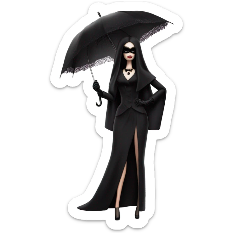 Stunning in the Spotlight Barbie, teen Morticia Addams,showing off, show full body,accessories  gloves funeral veil covering face umbrella  sticker